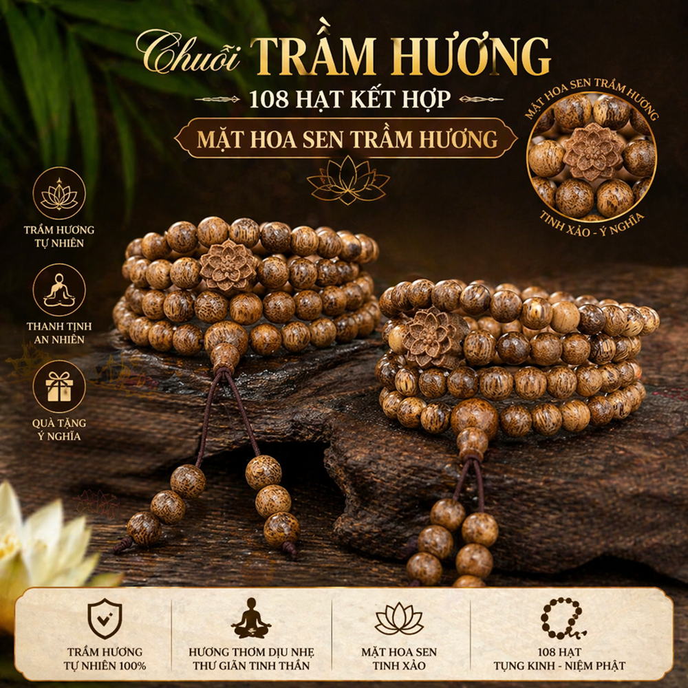 Vòng Trầm Hương 108 Hạt Tự Nhiên – Chuỗi Trầm Hương Phong Thuỷ Quấn Tay 4 Vòng, Size 6mm 8mm, Thơm Dịu